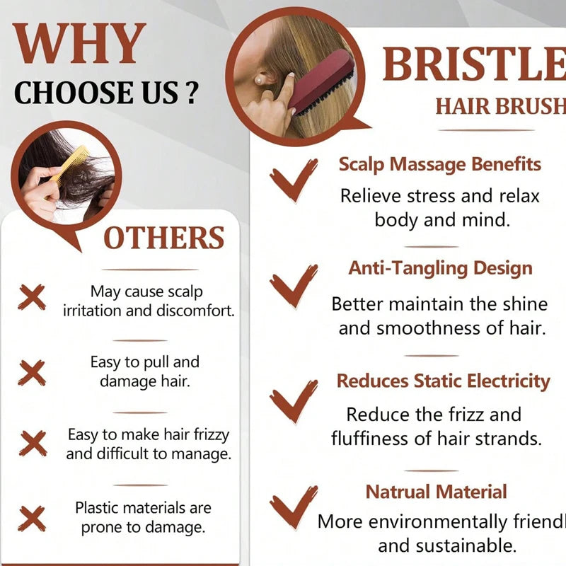 1/2pcs Premium Bristle Hairbrush with Wooden Handle-Reduces Frizz and Static- Scalp Massage Bristle Brush Set for All Hair Types