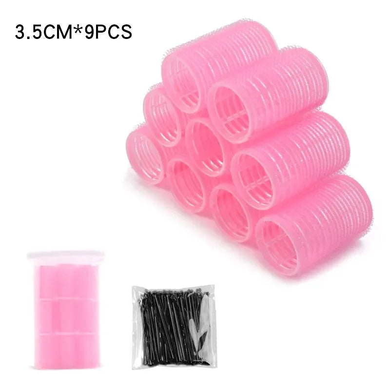Hot Selling 9Pcs Pink Nylon Plastic Hair Rollers Set DIY Hairdressing Tools 3Sizes No Heat Self Grip Hair Roller Curlers