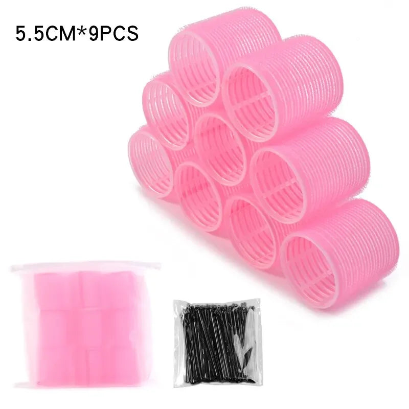 Hot Selling 9Pcs Pink Nylon Plastic Hair Rollers Set DIY Hairdressing Tools 3Sizes No Heat Self Grip Hair Roller Curlers